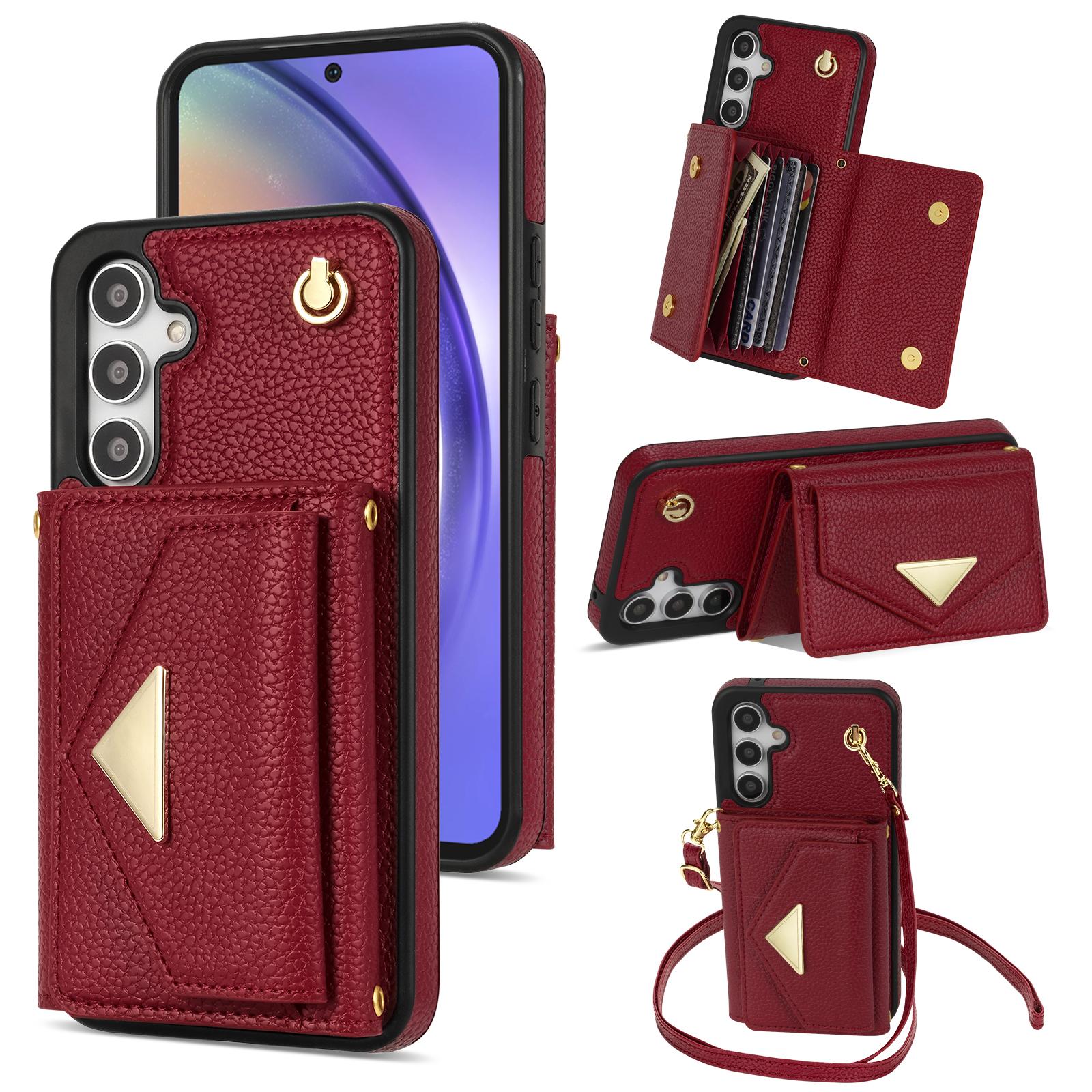 

For Samsung Galaxy S25+ Case Card Slots PU+TPU Cell Phone Cover with Long Strap D