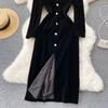 Temperament Autumn Women Black Velvet Dress Fashion Square Collar Long Sleeve Skinny Slit Elegant Female Long Dress