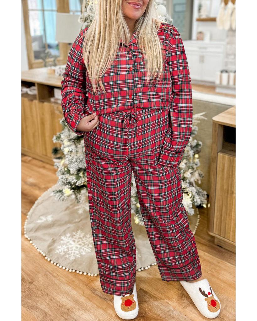 Azura Exchange Red Plaid Printed Shirt and Pants Plus Size Lounge Set