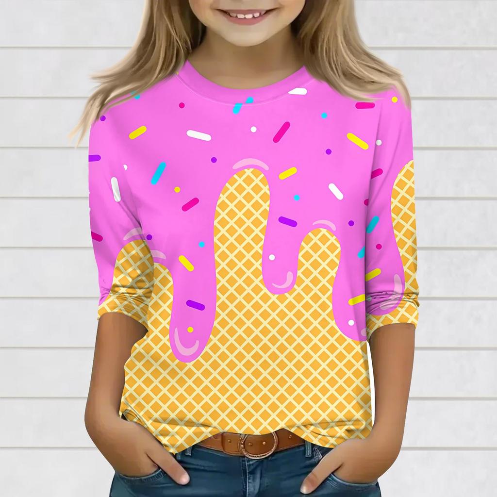 Druckoberteile für junge Mädchen 3-10 Jahre Rundhals 3/4-Ärmel T-Shirts Trendige Oberteile Outfit T-Shirts