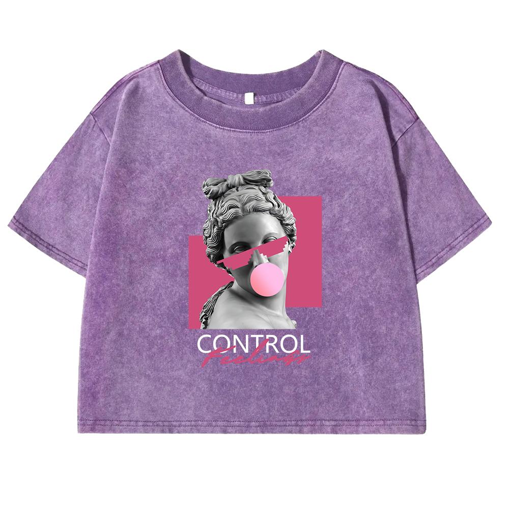 A Sculpture Of A Woman Blowing Bubbles Print Women Washed T Shirt Cotton Casual  Short Sleeve Crop Top Street