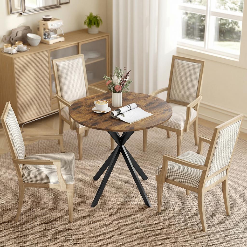 Round Dining Table for 2 People, Wood-Look Top, Steel Cross Legs, Rustic Brown