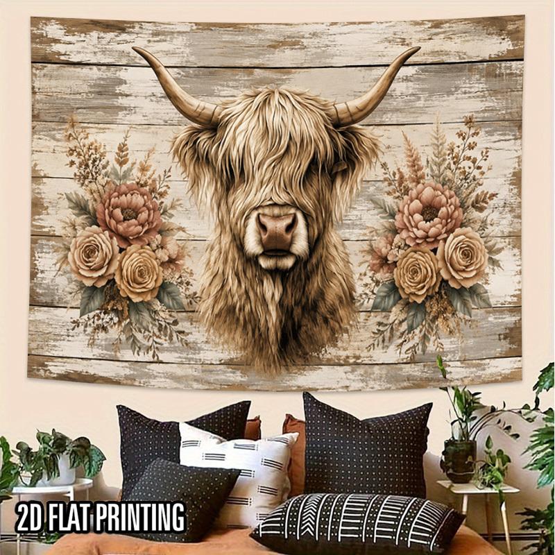 2D Flat, 1pc Highland Cow Tapestry Wall Hanging - Scottish Cow Print with Horizontal Horizontal Hanging Suitable for Farmhouse Decor,, Wedding Backdro
