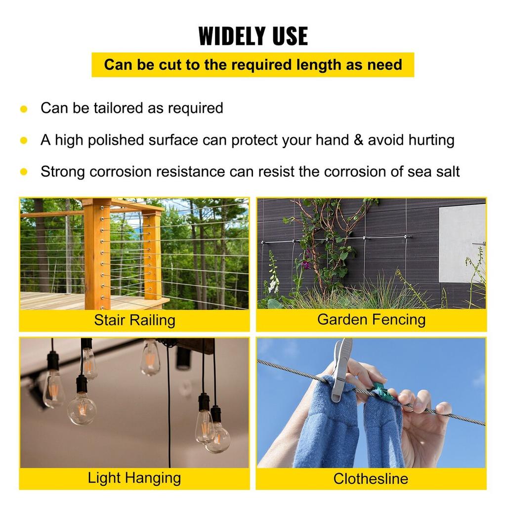 316 Stainless Steel Cable, 500FT Stainless Steel Wire Rope of 5/32 Inch Diameter and 1x19 Construction, 3300 LBS Breaking Strength Steel Cable for