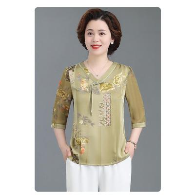 Middle-aged Fat Mother's Summer Chiffon Temperament Middle-aged and Elderly Women's New Summer Three-quarter Sleeve Top