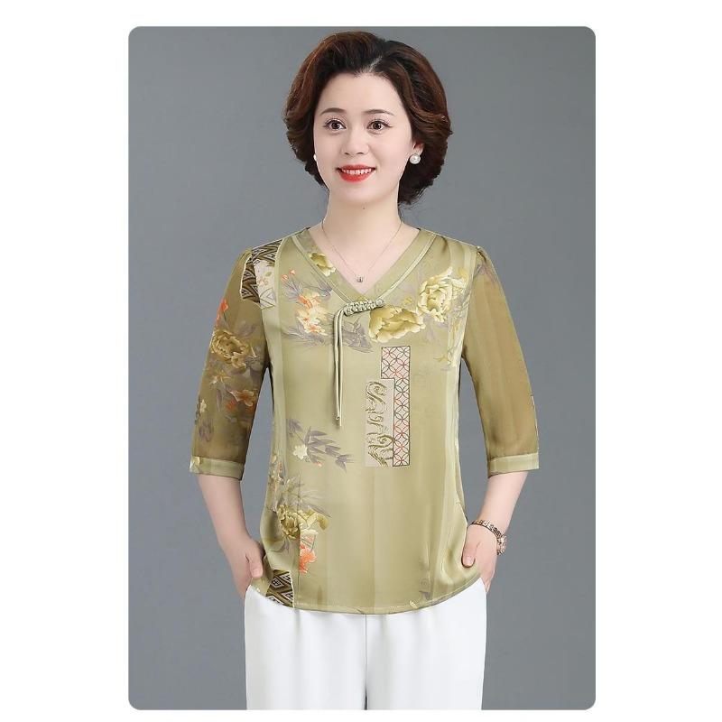 

Middle-aged Fat Mother s Summer Chiffon Temperament Middle-aged and Elderly Women s New Summer Three-quarter Sleeve Top XL
