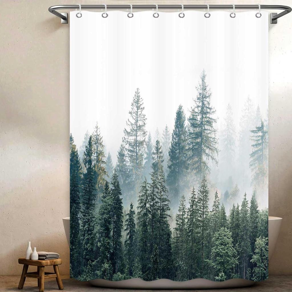 Misty Forest Trees Shower Curtain Machine Washable All Season Waterproof Privacy Protection 2D Print Nature Design Zen 12 Hooks