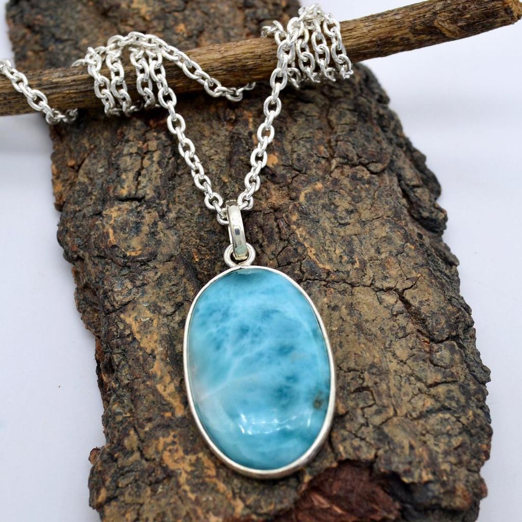 Natural Larimar Gemstone Women Pendant With Chain 925 Sterling Silver Handmade Jewelry