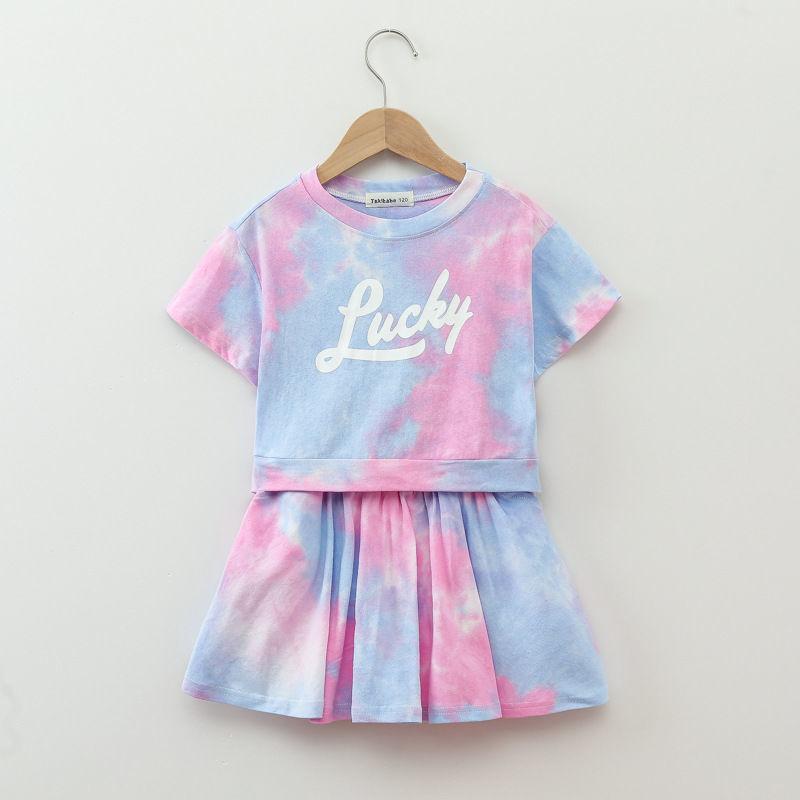 Girls' Tie Dye Suits Summer Korean Version Big Children Little Girls Short-sleeved Skirts Shorts Two-piece Trend