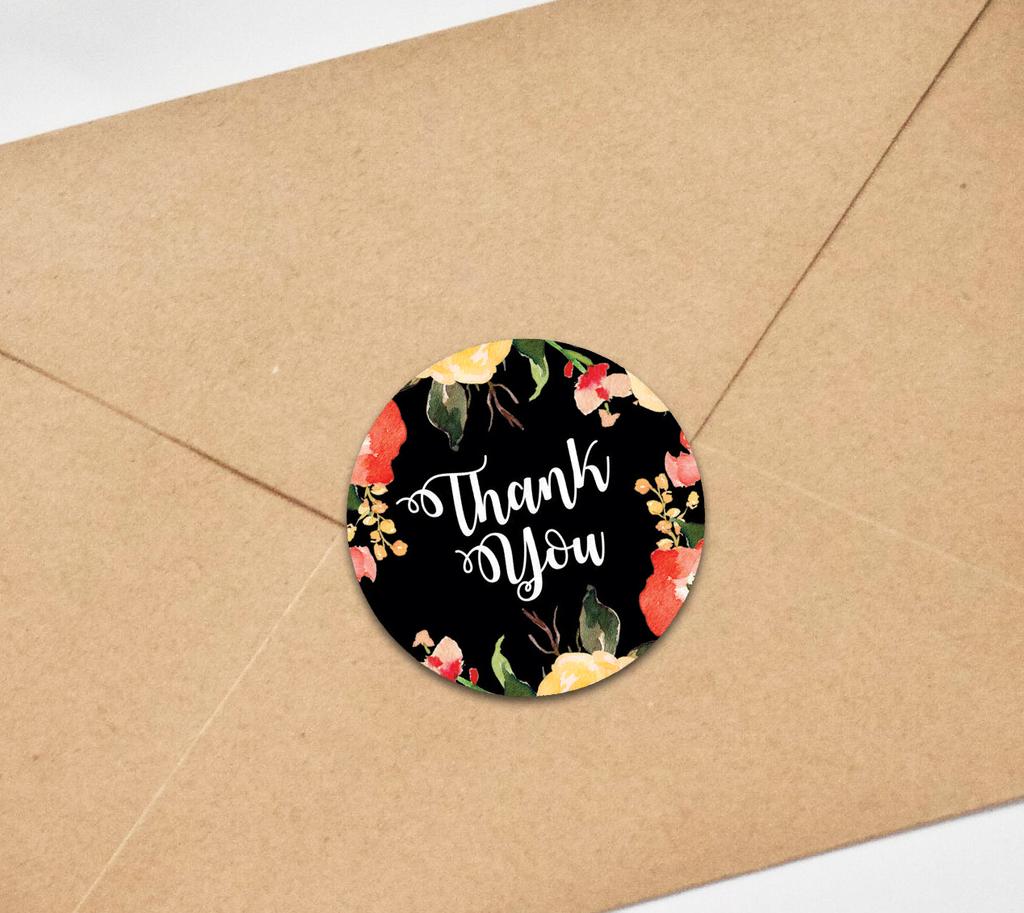 Darling Souvenir 45 Pcs Round Floral Border Black Thank You Stickers Wedding Envelope Seal-1.6
