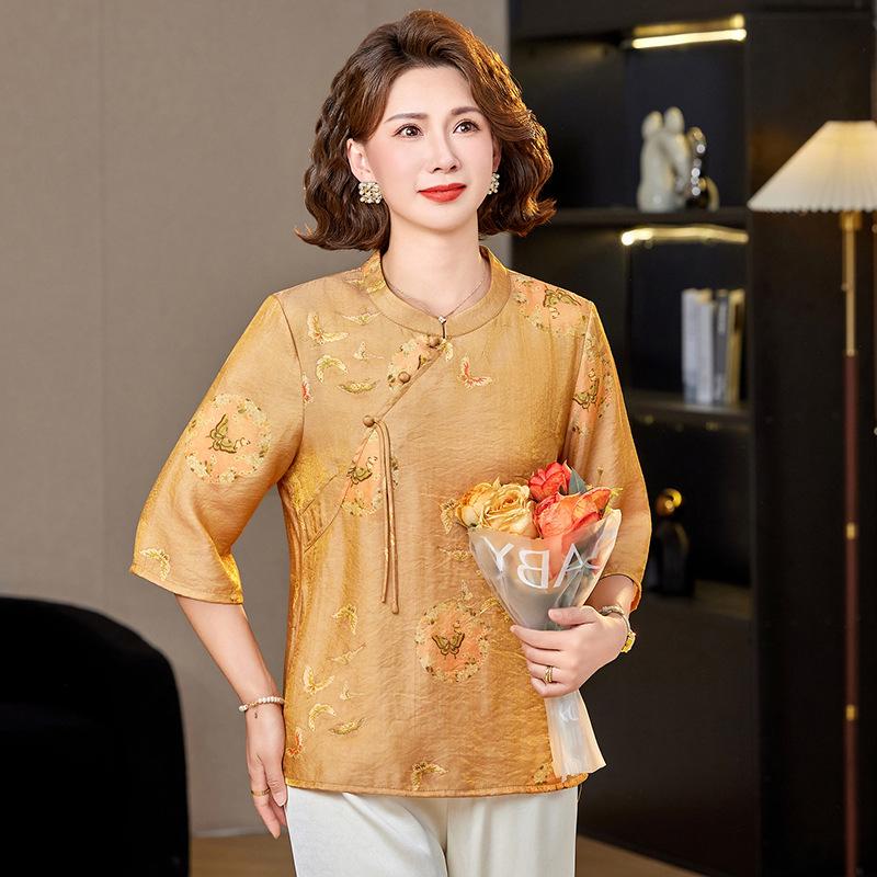 Stylish Mid-Sleeve Chinese Style Summer Top for Middle-Aged Women