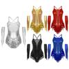 Disfraz de Performance para Danza Latina para Mujer Espalda Cruzada Lentejuelas Brillantes Leotardo con Flecos Borlas Guantes Metálicos