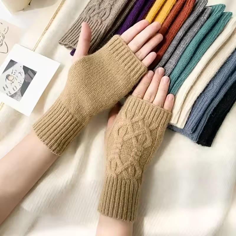 Autumn Winter Knitted Fried Dough Twists Warm Gloves for Women Solid Color Soft Skin Thickened Half Finger Gloves Wrist Washable