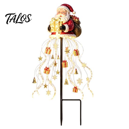 Santa Claus Yard Statue with Lights Solar Christmas Garden Light, LED Holding Gift Box Stake Warm White Cascading String for Outdoor Porch Pathway
