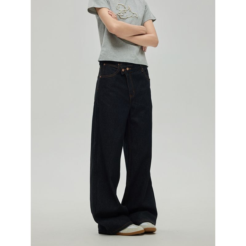 Black of Exit American High Street Letter Embroidery Irregular Design Jeans New Straight Wide-Leg Pants