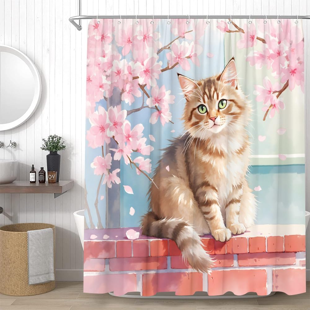 Flowers and Cat Shower Curtain Watercolor Pink Floral Cute Pet Animal Kitty Kitten Aesthetic Bathroom Decor Curtains Set with