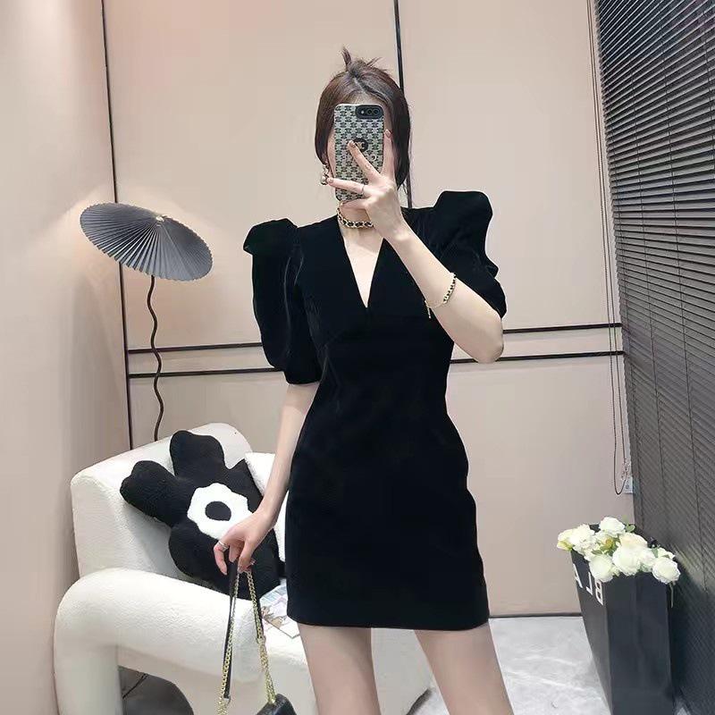 Luxury Bubble Sleeve V-Neck French Dress for Women - Spring/Summer 2026 Edition XL чёрный
