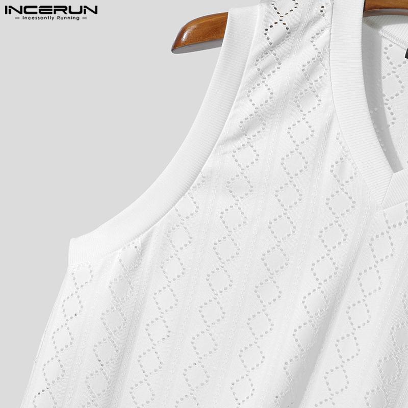 INCERUN Summer Men V Neck Sleeveless Hollow Out Solid Casual Tank Tops