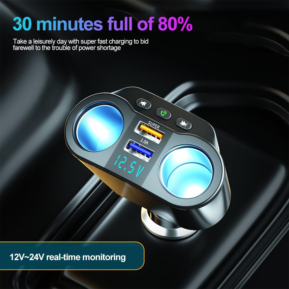 Car Cigarette Lighter Splitter Car Fm Transmitter Bluetooth Hands-Free Car Charger Dual Usb Qc3.0 12V/24V Fast Charger Socket