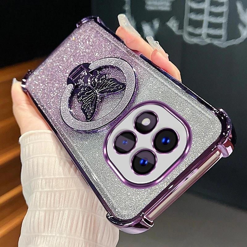 Note14pro Glitter Butterfly Holder Plating Gradation Silicone Case For Xiaomi Redmi Note 14 Pro Plus Shockproof Cover Mi Poco X7