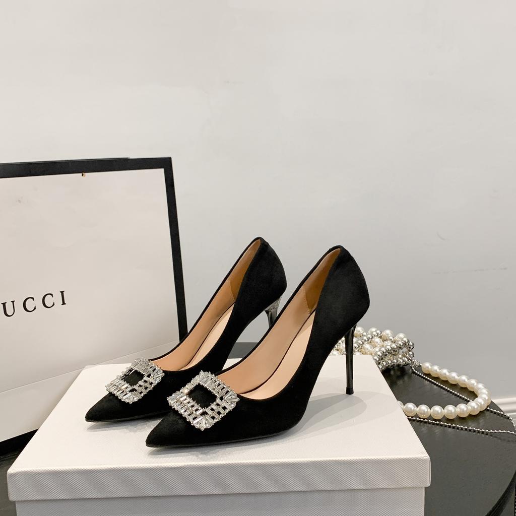Black suede high heels autumn new pointed tip shallow mouth temperament thin heel rhinestone square buckle single shoes
