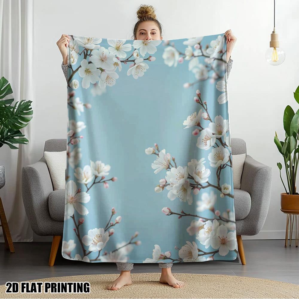 Cherry Blossom Flower Pattern Fleece Blanket Spring Nature Design Soft Cozy Throw Home Decor For Living Room Or Bedroom60X80