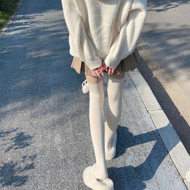 Damen kniehohe Socken Strümpfe Lolitas Schleife Schnürung Wadenstrümpfe Bommel Oberschenkelhohe Strümpfe Süß Niedlich Überknie-Socken