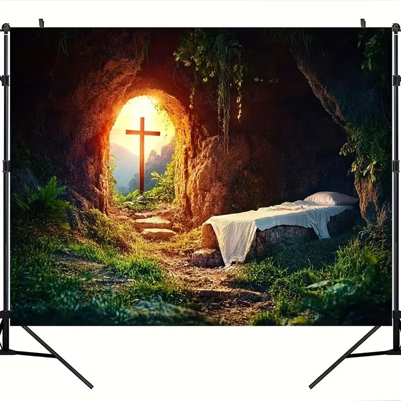 2D Christian Resurrection Backdrop, Empty Tomb with Cross Photography Background
