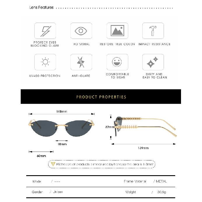 Cat-eye Sunglasses, Metal Frameless Design, Unisex, Suitable for Outdoor Wear and Fashion Shows, with Rivet Detailing On the Arms