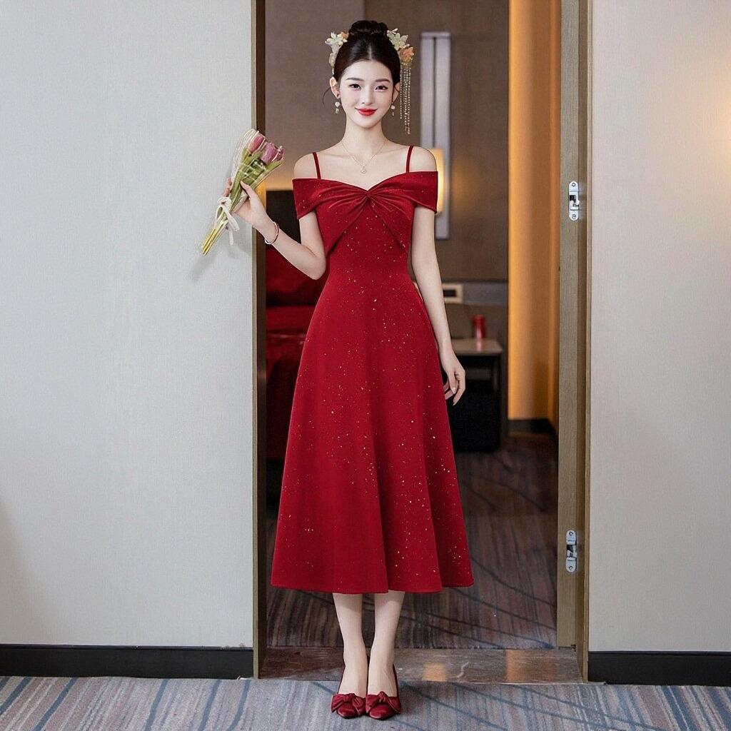 Suspender Shoulder Flash Red Toast Dress Long Bridal Engagement Dress Return Banquet Party Waist Skinny Dress