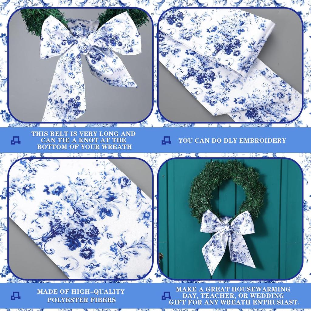 2 Pcs Wreath Sash for Front Door Reversible Chinoiserie Wreath Sash Accessories Decor for Monogram Garland Ribbon Porch Indoor Outdoor Home Party