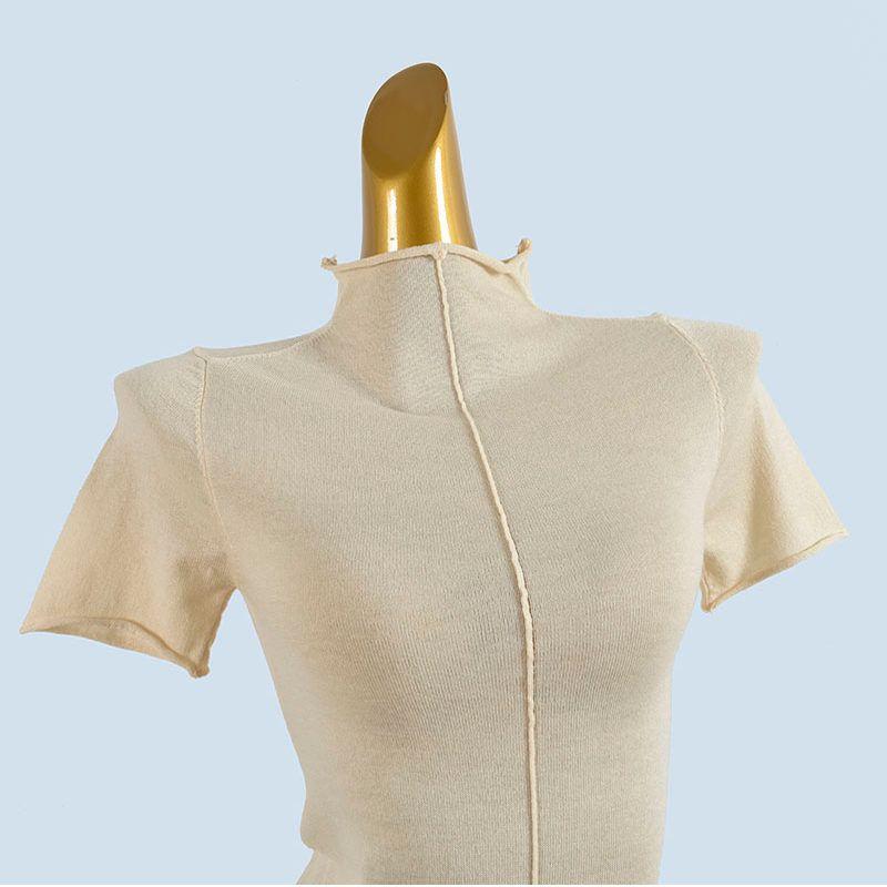Six Fleece Knit Half-high Collar Short Sleeve T-shirt Bottoming Shirt Women Summer Simple Slim Fit Outer Wear Pullover Top
