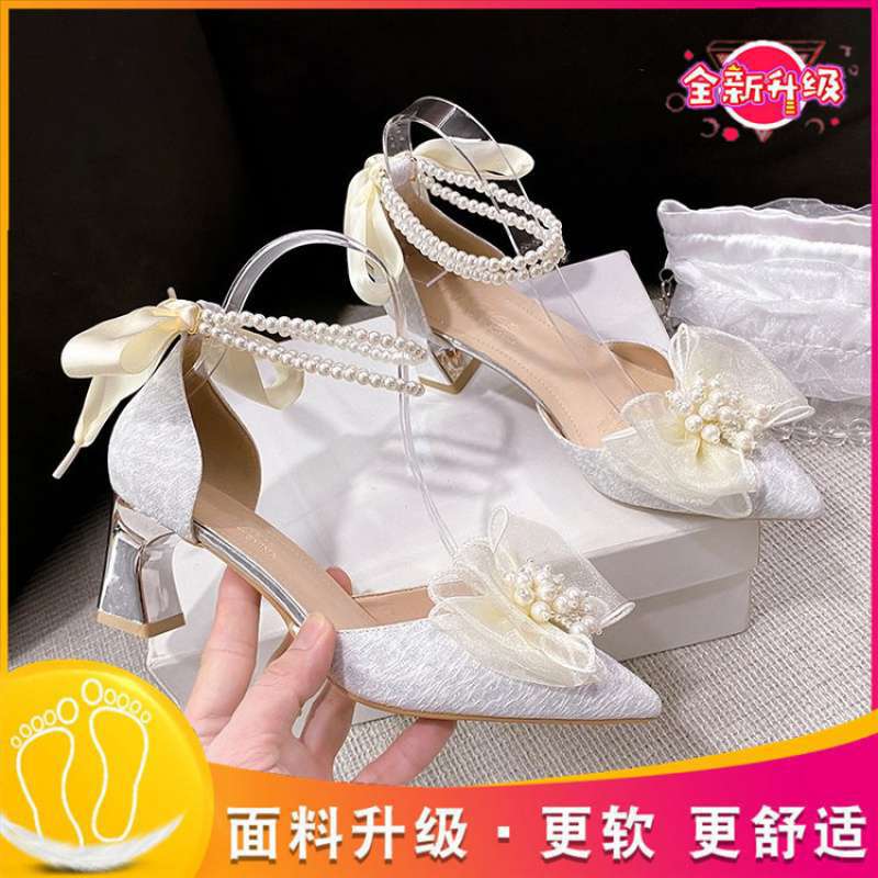Medium heel stiletto high heels women's sandals 2025 summer new one-word buckle bow single shoes fairy style work shoes