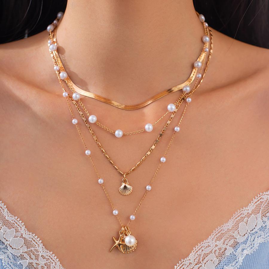 Pearl Starfish Shell Pendant Multi-layer Necklace Temperament Collarbone Chain Personality High-end Niche Jewelry