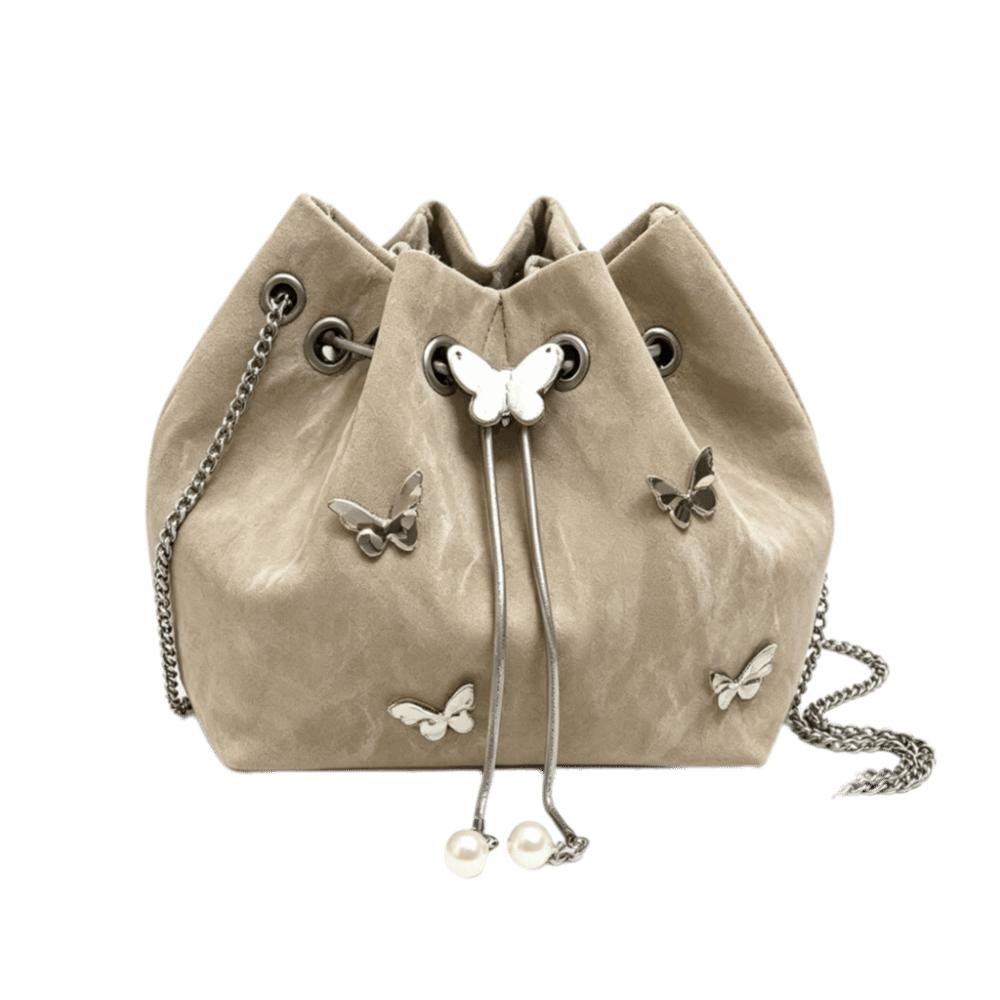 PU Chain Crossbody Bag Metal Butterfly Accent Shoulder Bag Elegant Drawstring Bucket Bag  Travel хаки
