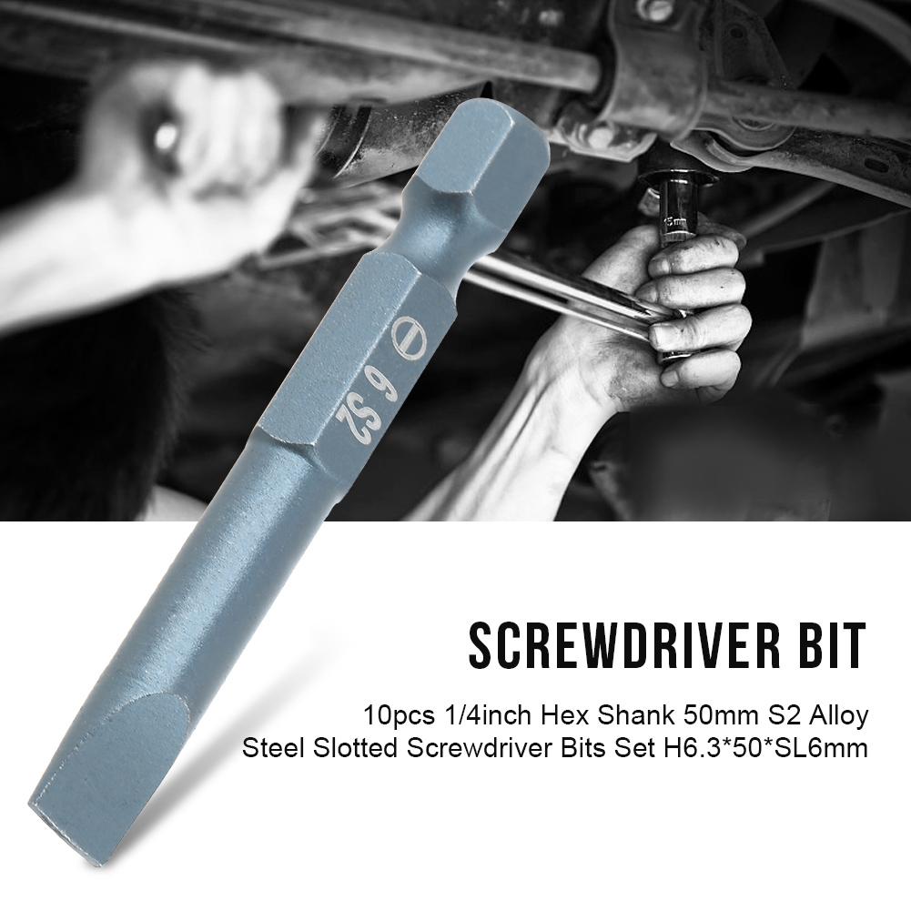 10pcs 14inch Hex Shank 50mm S2 Alloy Steel Slotted Screwdriver Bits Set H6.3*50*SL6mm