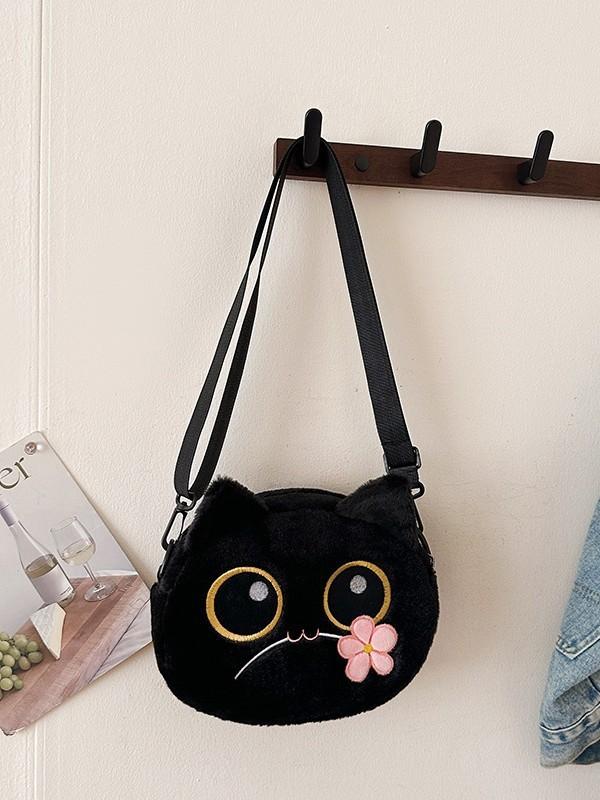 Cute Plush Cat Embroidered Small Shoulder Bag For Daily Use