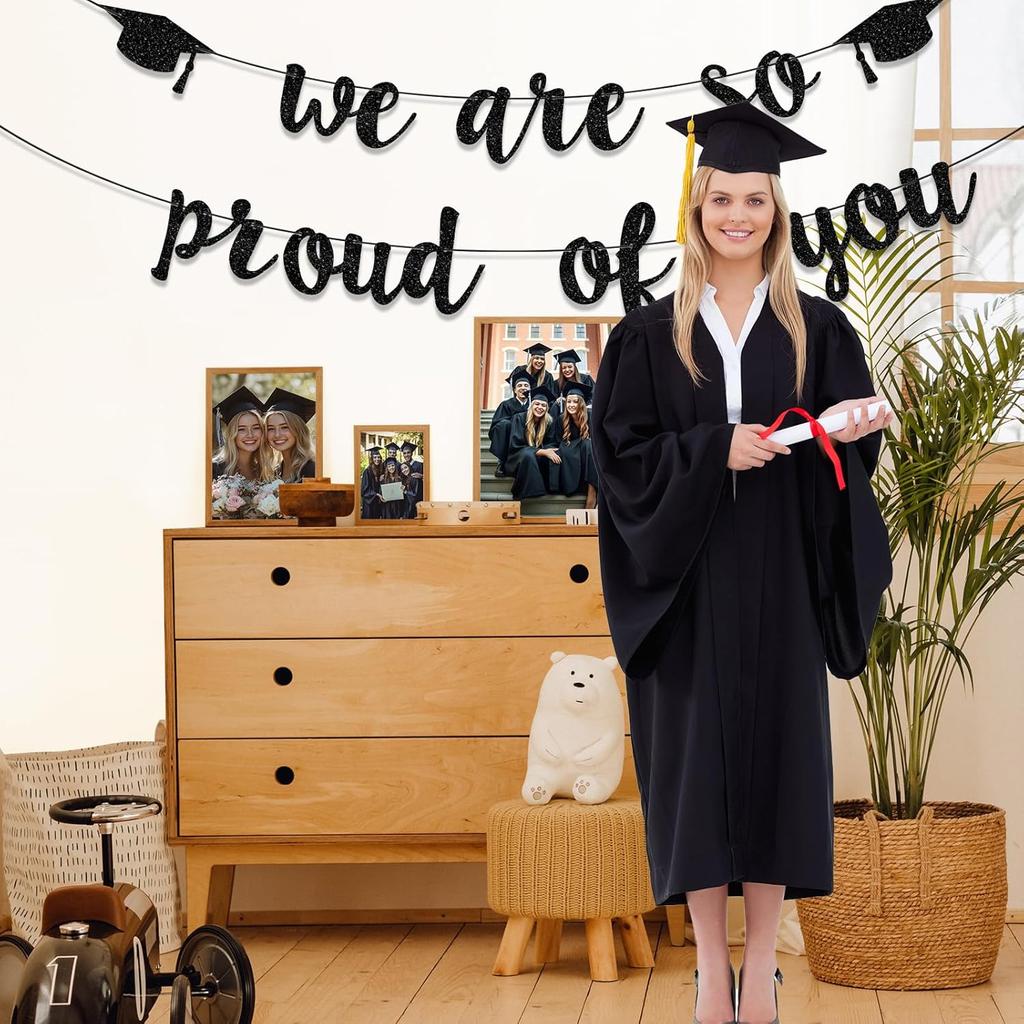 Graduation Decorations 2026, Black Glitter Congrats Grad Banner - We Are So Proud of You Congratulation Banner, Graduation Decorations Class Fo 2026