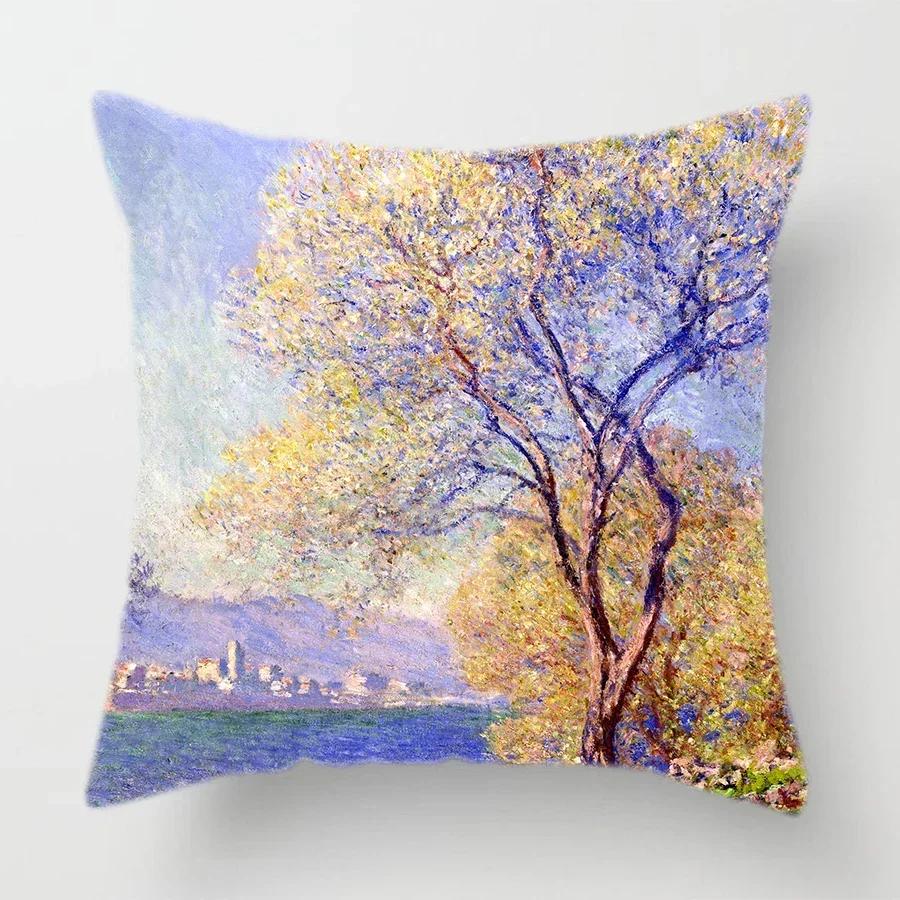 Claude Monet Polyester Printing Cushion Cover Sofa Landscape World Famous Oil Painting Throw Decorative Pillow Case Home Decor
