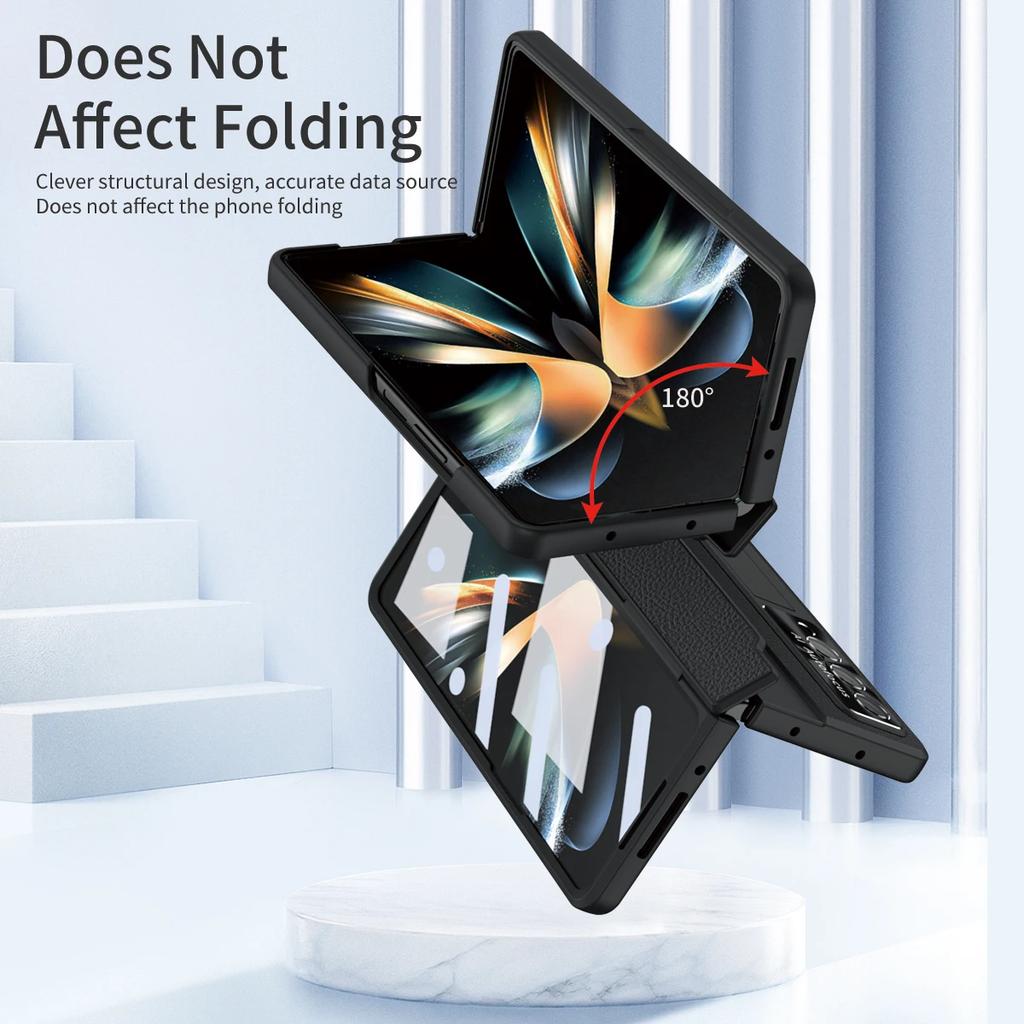 Plattande Gångjärn Enkelt Läder Fäste Fodral För Samsung Galaxy Z Fold 6 5 4 3 Med Härdat Glas Z Fold5 Fold6 Skyddsskal