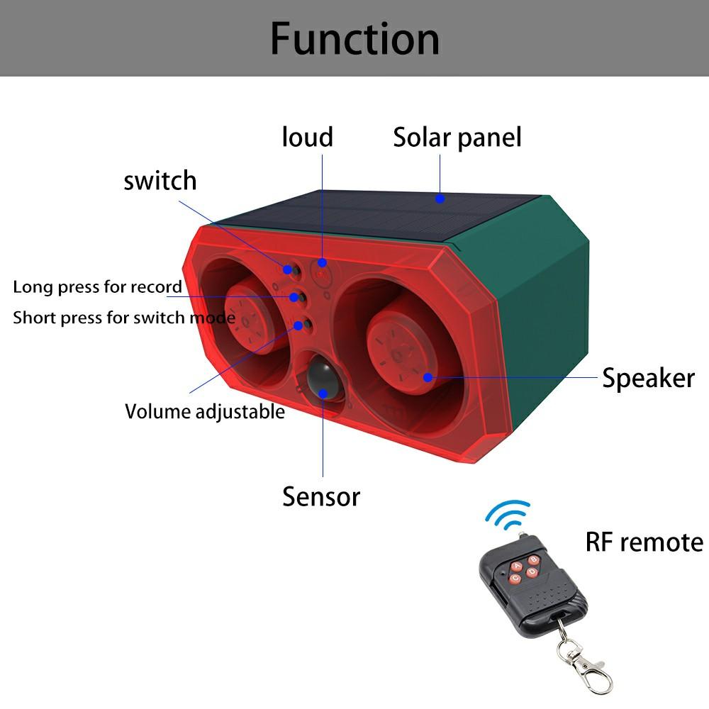 

N911T Solar Powered Animal Repellent Dual Speaker Alarm System Motion Sensor Flashing Red Blue Light Type A
