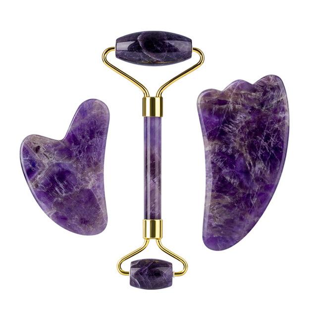 Natural Amethyst RollerJade Set Real Jade Gouache Scraper Jade Massager Gua Sha Board Facial Massager Face Horn Massages Roller