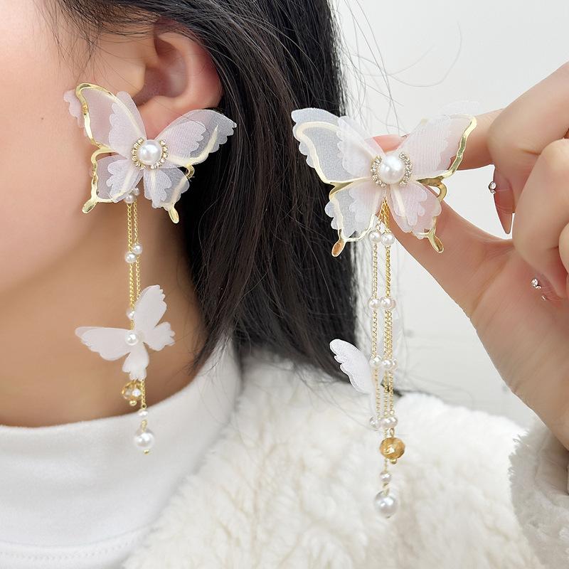 New Elegant Fairy Chiffon Buterfly Tassel Earrings For Women Fashion Imitation Pearl Dangle Drop Earrings Party Wedding Jewelry Gifts