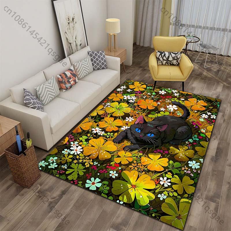 

Black cat amid clover flowers illustration Print Carpet for Living Room Bedroom Sofa Home Decor Non-slip Mat Luxury Gift 40x60cm