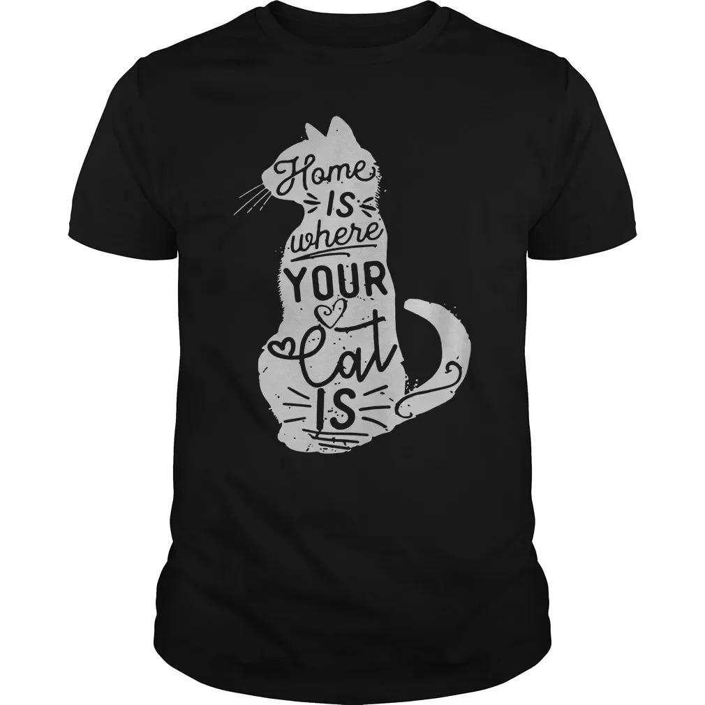 Home Is Where Your Cat Is. Cat Silhouette Inscriptions T-Shirt 100% Cotton O-Neck Short Sleeve Casual Mens T-shirt Size S-3XL... S разноцветный