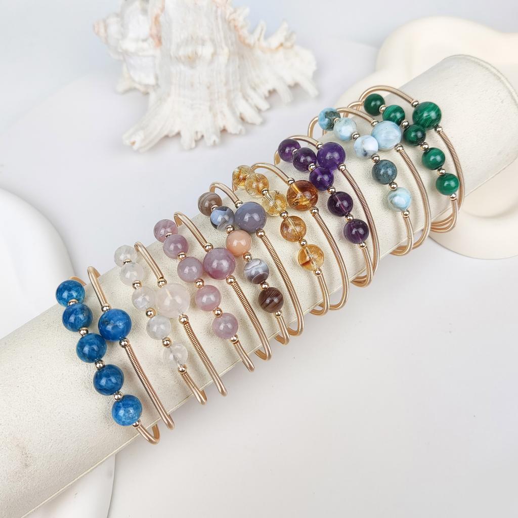 Latest Design Natural Gemstone Beads Cuff Bracelet Handmade Larimar Jewelry Real Moonstone Malachite Citrine Bangle for Girl