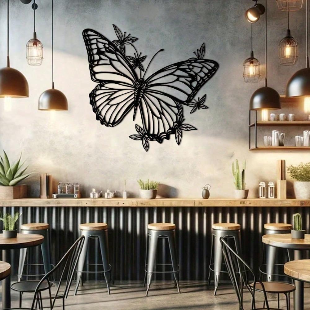 1 PC Big Black Iron Butterfly With Several Little Butterflies Minimalist Metal Wall Art - Modern Home Decor For Bedroom, Living Room, Or Bathroom.