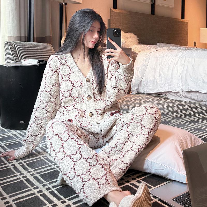 

Женский бархатный клетчатый зимний пижамный комплект - Теплый, свободный, в корейском стиле, повседневный костюм из двух частей One Size (90-160 cm)