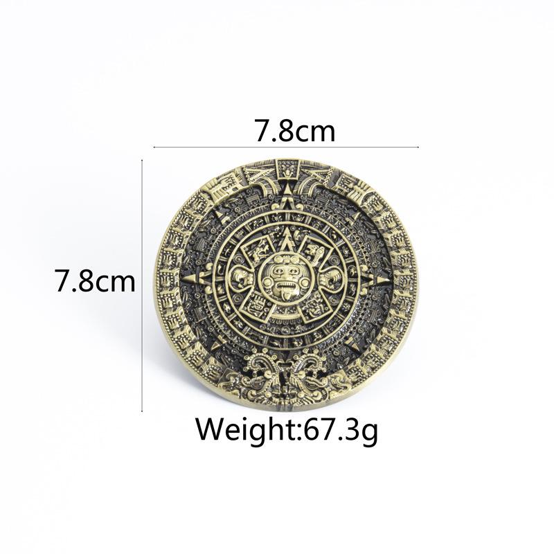 Glossy Whole Cowhide Belt, Zinc Alloy Ancient Tin Aztec Calendar Belt, Retro Large Size Pure Leather Belt.