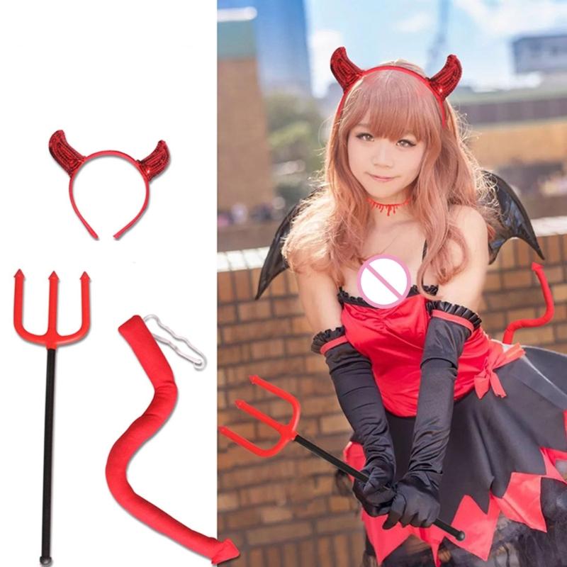 Serre-tête cornes de diable d'Halloween et queue et sceptre ras du cou Accessoires de fête de costume de cosplay d'Halloween pour adulte